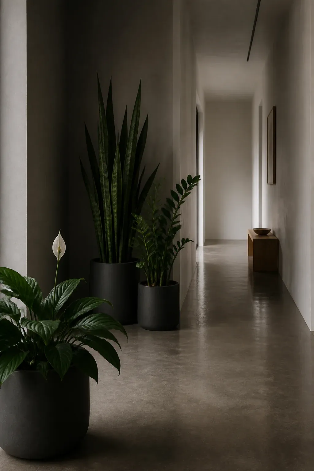 A minimalist hallway with snake plants and ZZ plants in matte pots under soft light.