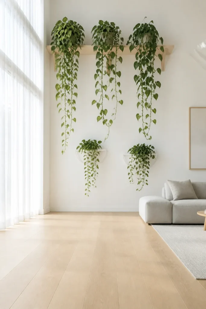 A bright room with trailing plants hanging from the ceiling and walls, leaving the floor clear.