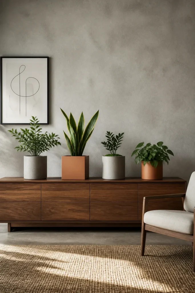Modern geometric planters in concrete and terracotta on a walnut sideboard.