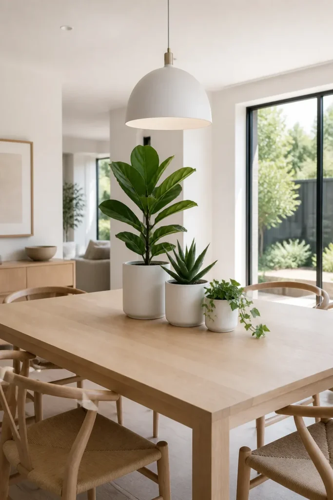 A group of three different plants in white pots arranged on a light wood dining table.