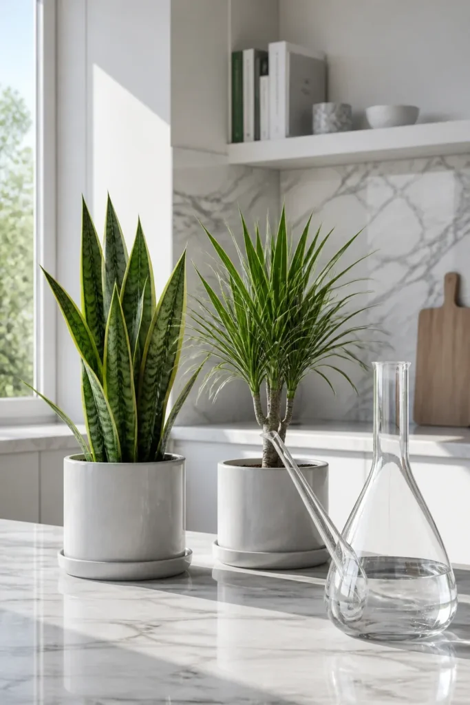 Low-maintenance plants next to a glass watering carafe on a clean marble counter.