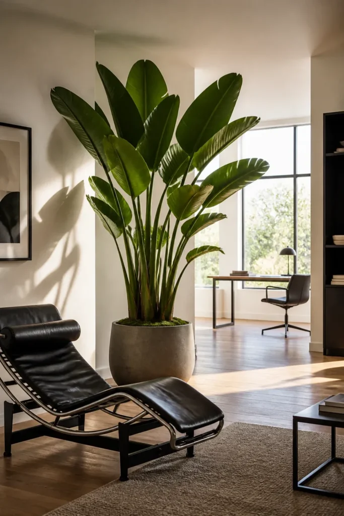 A large Bird of Paradise plant acting as a room divider next to a modern lounge chair.