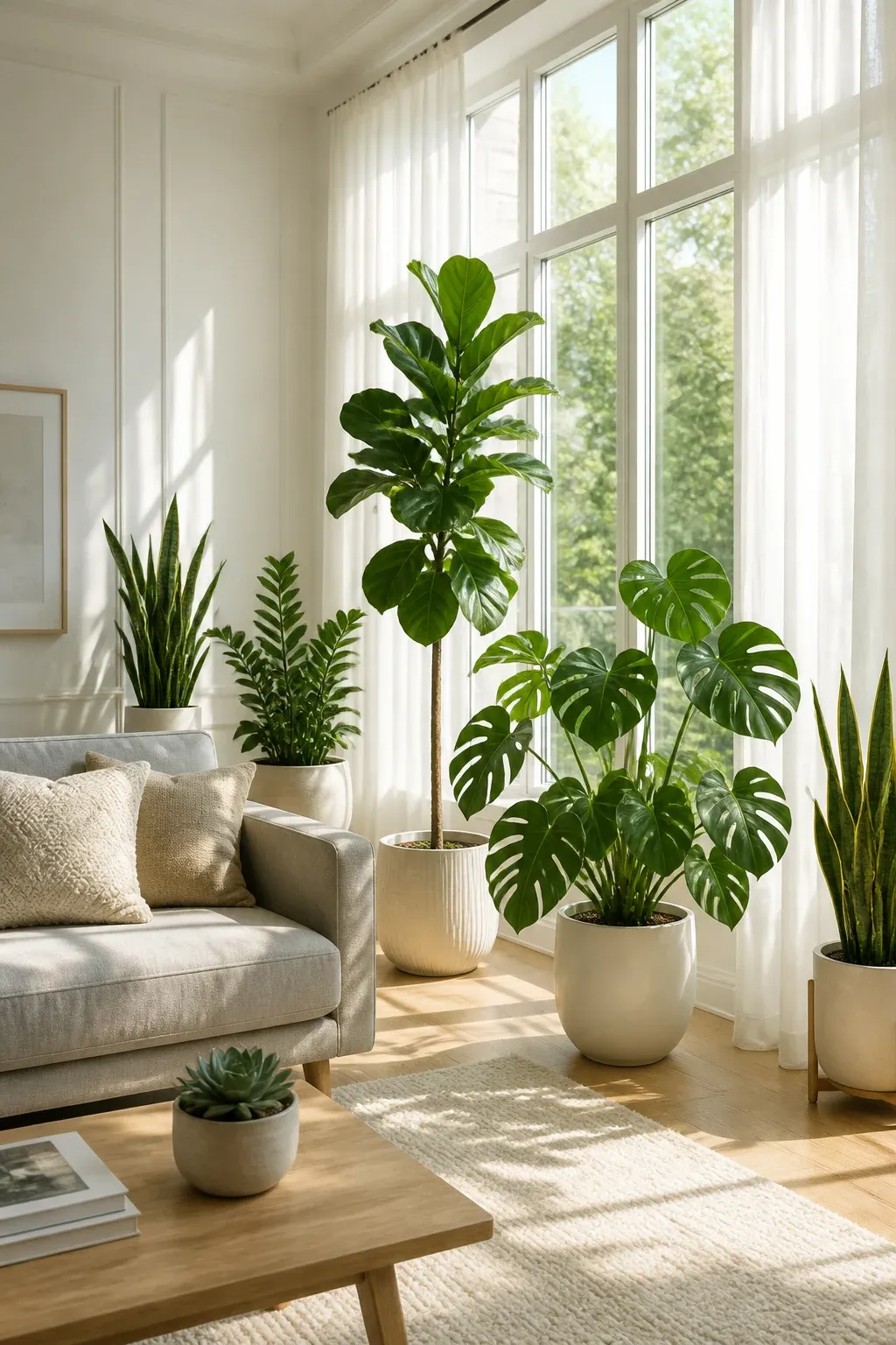 A sun-drenched living room with a Fiddle Leaf Fig and Monstera near a large window.