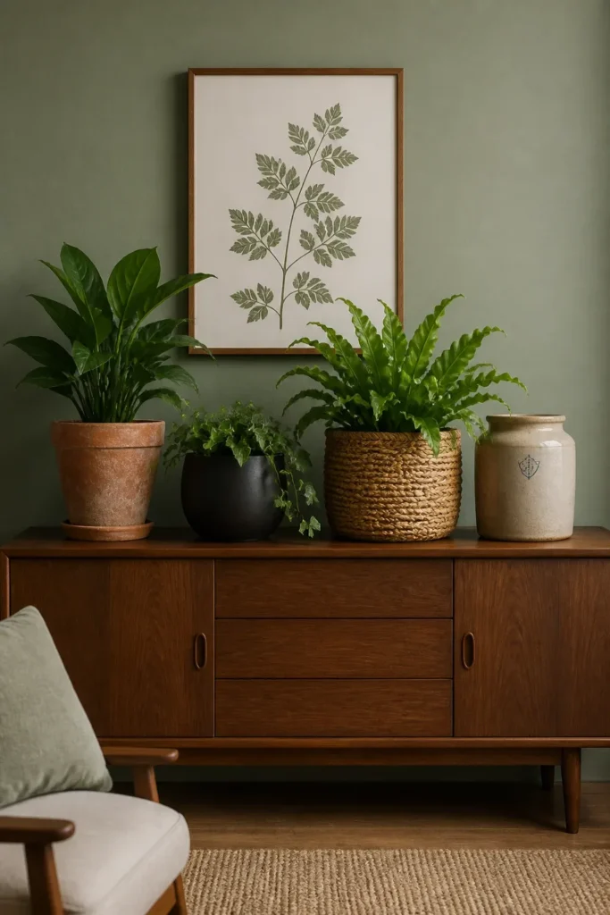 A walnut credenza featuring plants in terracotta, matte black ceramic, and woven basket pots.