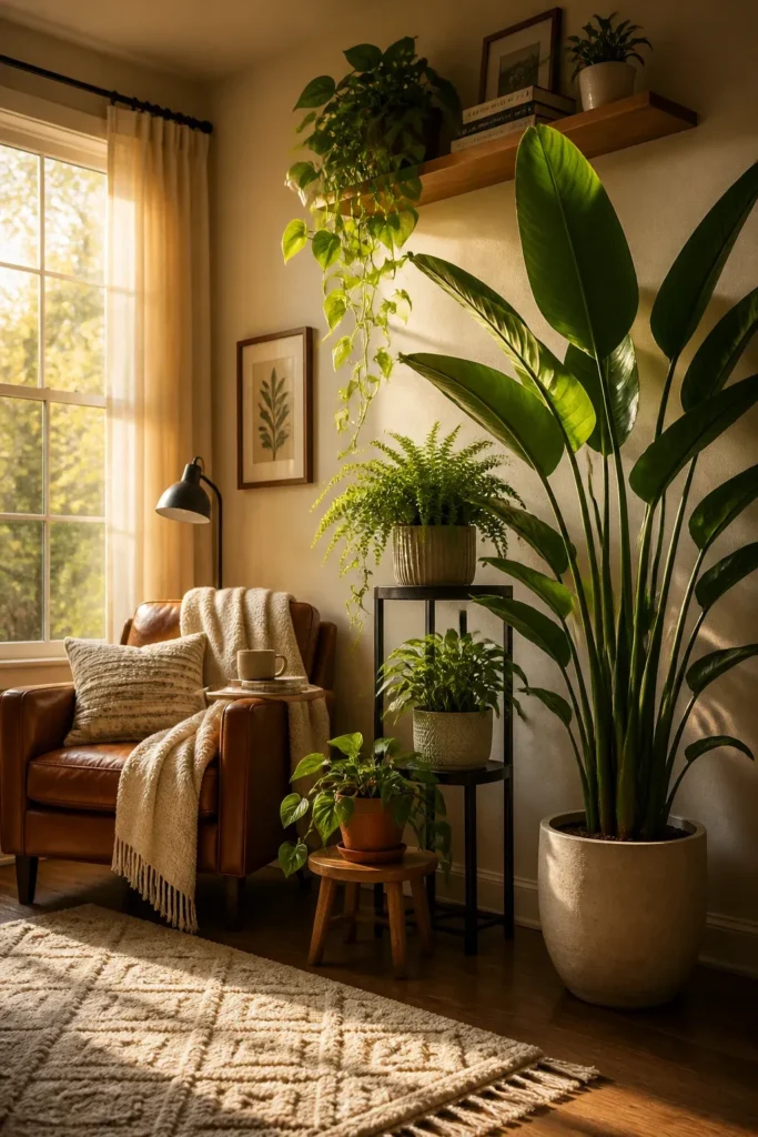 A living room corner with a tall Bird of Paradise, plant stands, and trailing ivy on a shelf.