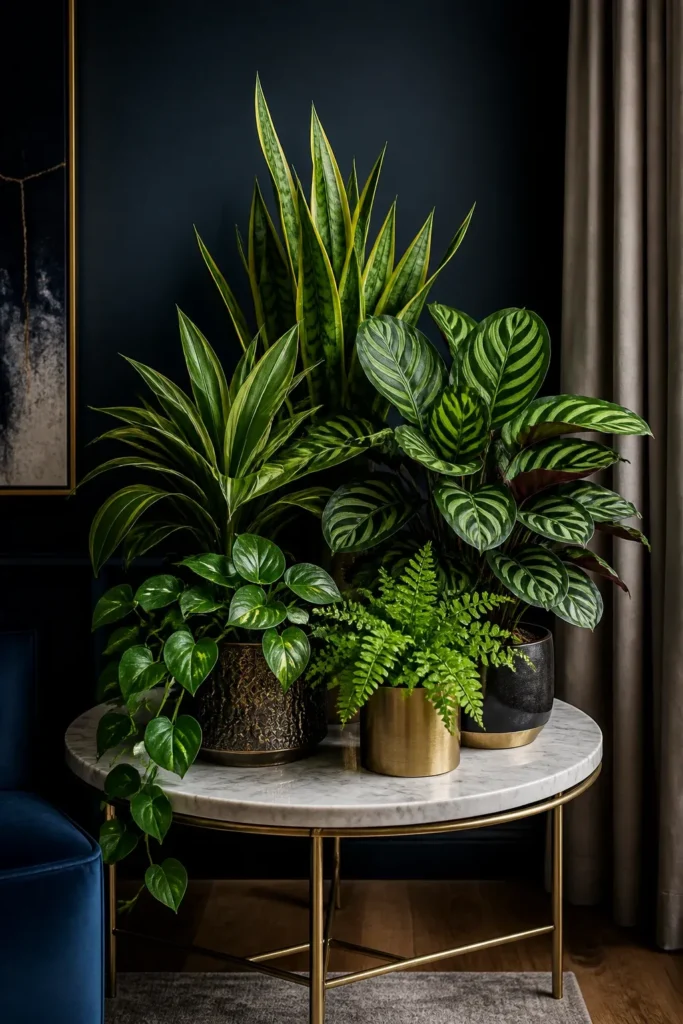 A dense group of five different indoor plants clustered together on a marble side table.