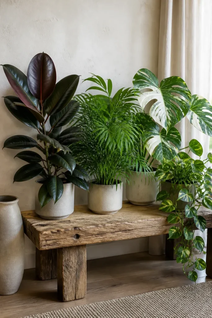 A variety of plants with broad waxy leaves and feathery fronds arranged on a rustic bench.