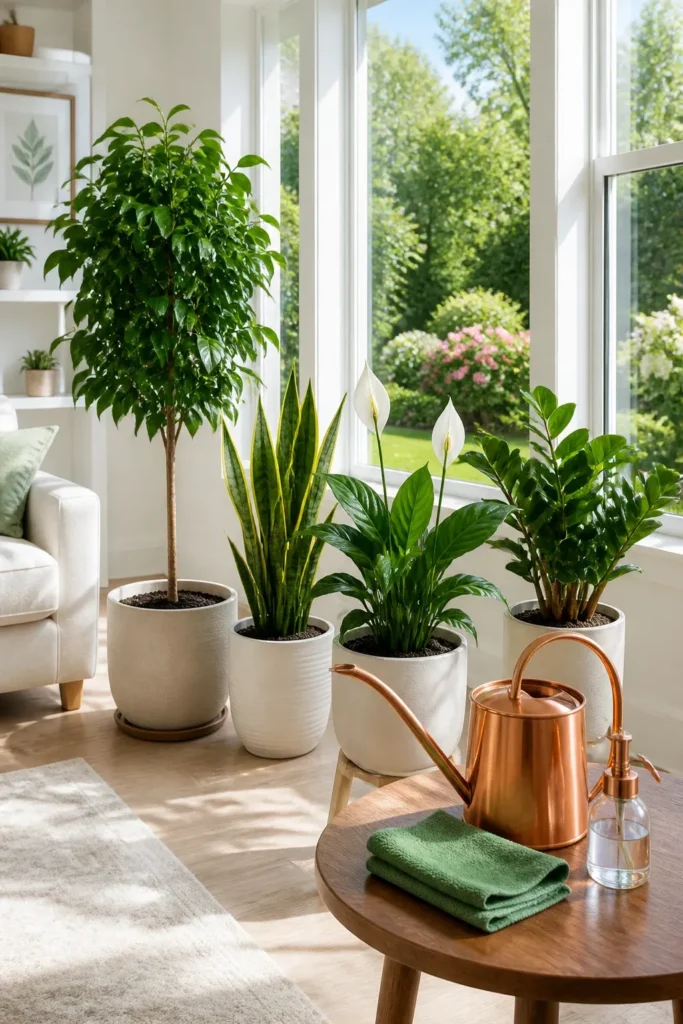 A bright living room with thriving, glossy plants and a copper watering can on a table.