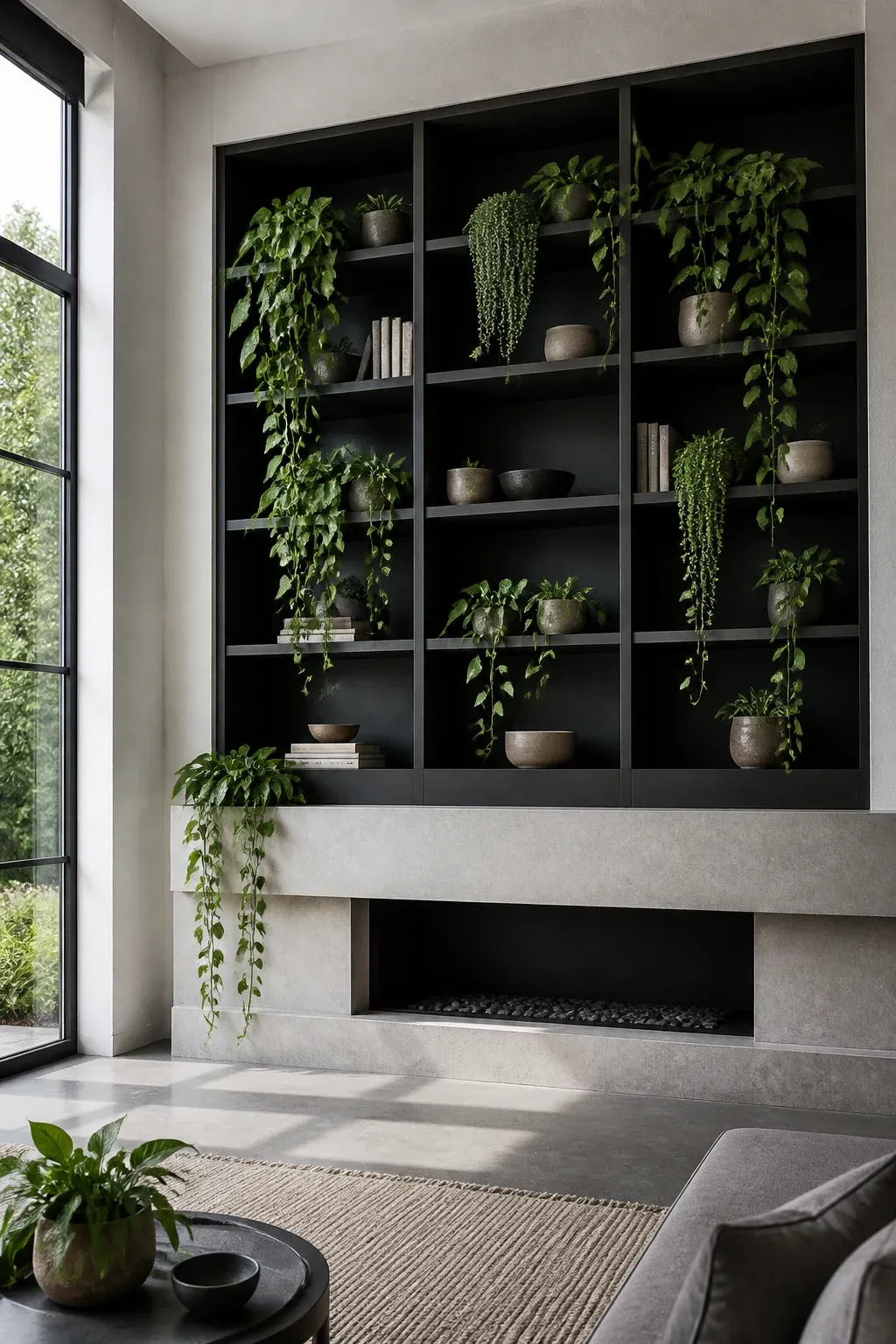 Trailing pothos plants spilling over the edges of sharp charcoal shelves in a modern room.
