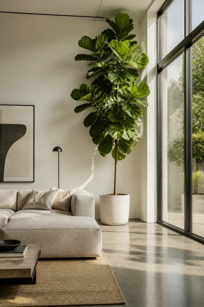 A tall Fiddle Leaf Fig in a white pot standing in the corner of a modern living room.
