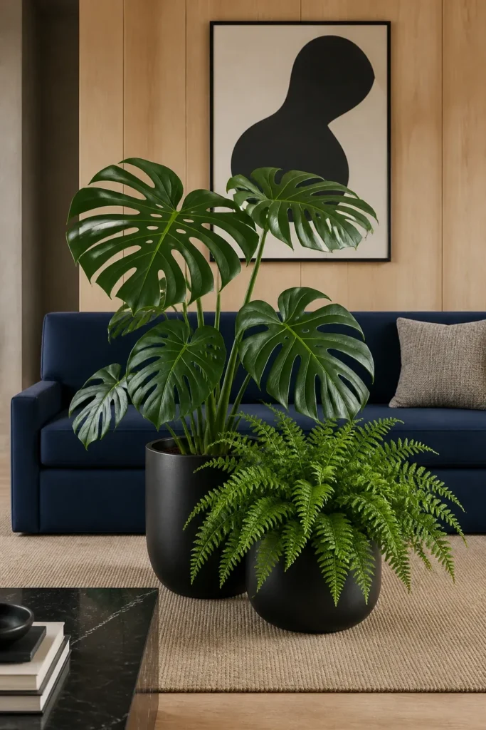 Intricate Monstera and fern leaves contrasting against a solid navy minimalist sofa.