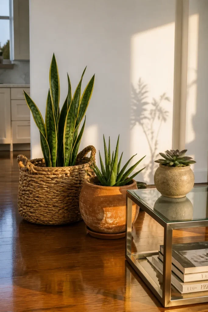 Woven seagrass and terracotta planters holding green plants in a sleek modern room.