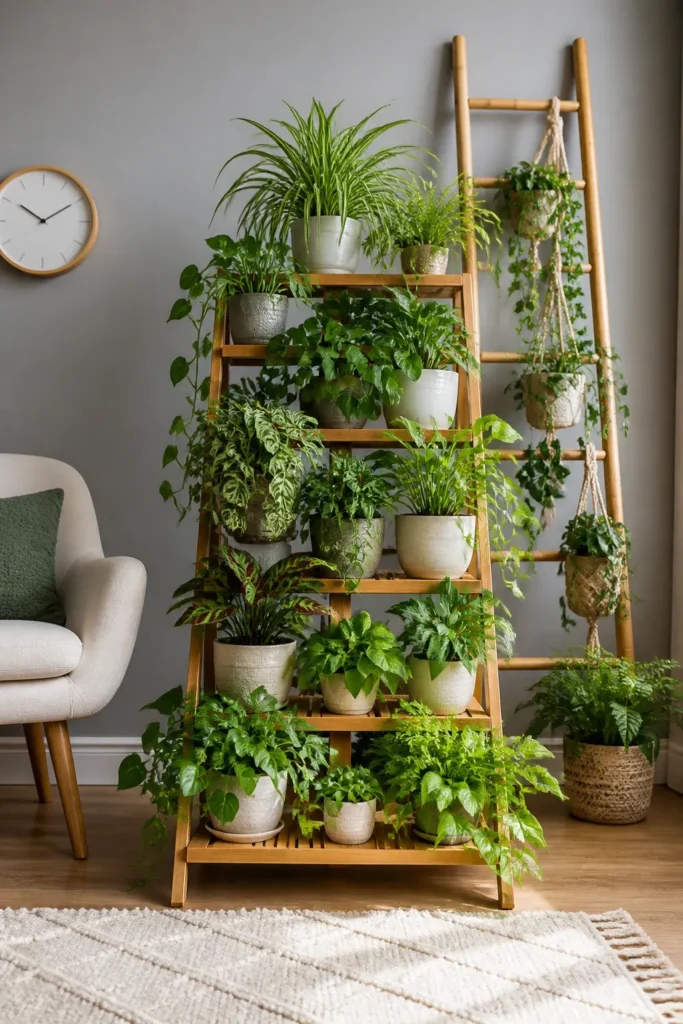 A tiered bamboo stand filled with plants of different heights creating a lush green wall.