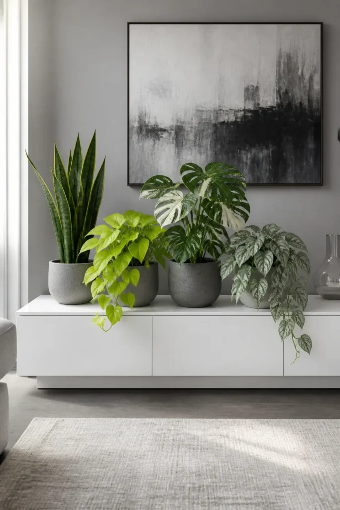 A mix of lime green, dark green, and variegated plants on a white console table.