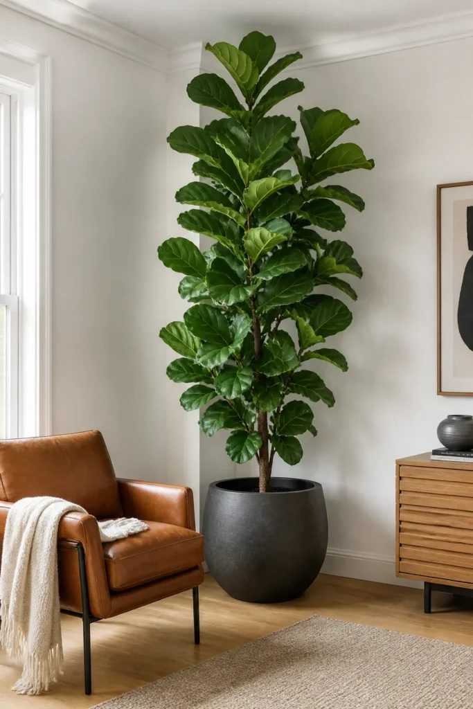 A tall Fiddle Leaf Fig plant in a charcoal pot filling a bright modern room corner.