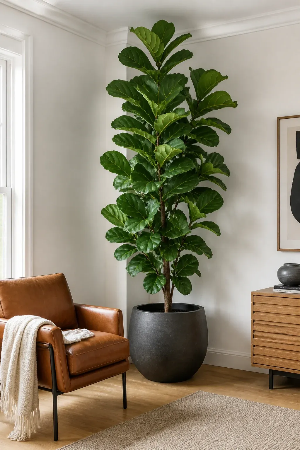 A tall Fiddle Leaf Fig plant in a charcoal pot filling a bright modern room corner.