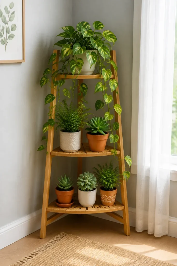 A three-tier bamboo plant stand filled with various small plants in a bright corner.