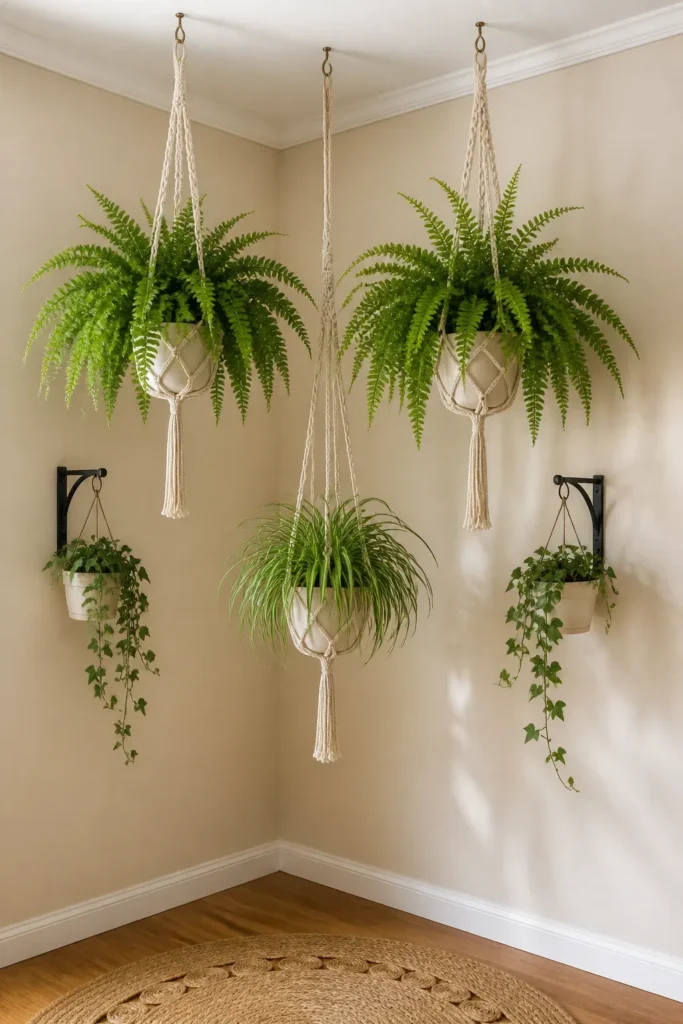Lush green plants in cream macramé hangers suspended at different heights in a room corner.