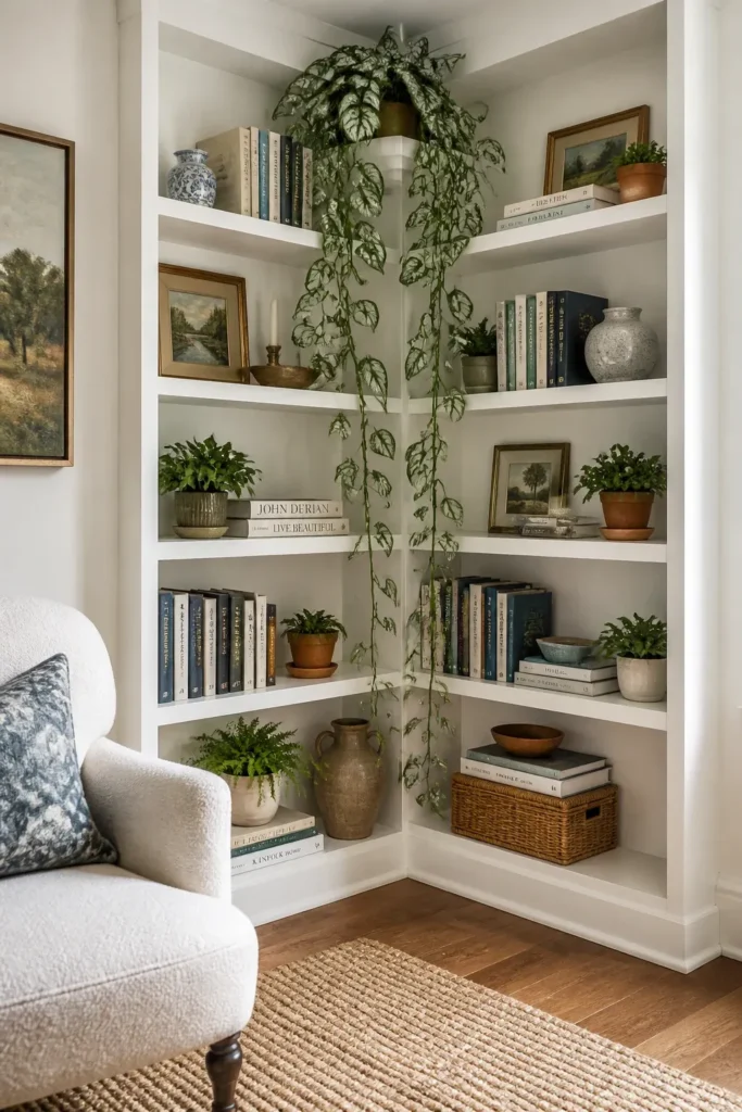 A white corner bookshelf styled with books, ceramics, and a trailing Silver Satin Pothos.