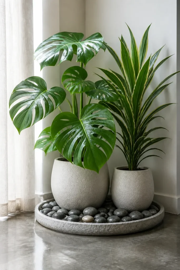 Lush green plants in a corner with a pebble humidity tray at their base for health.