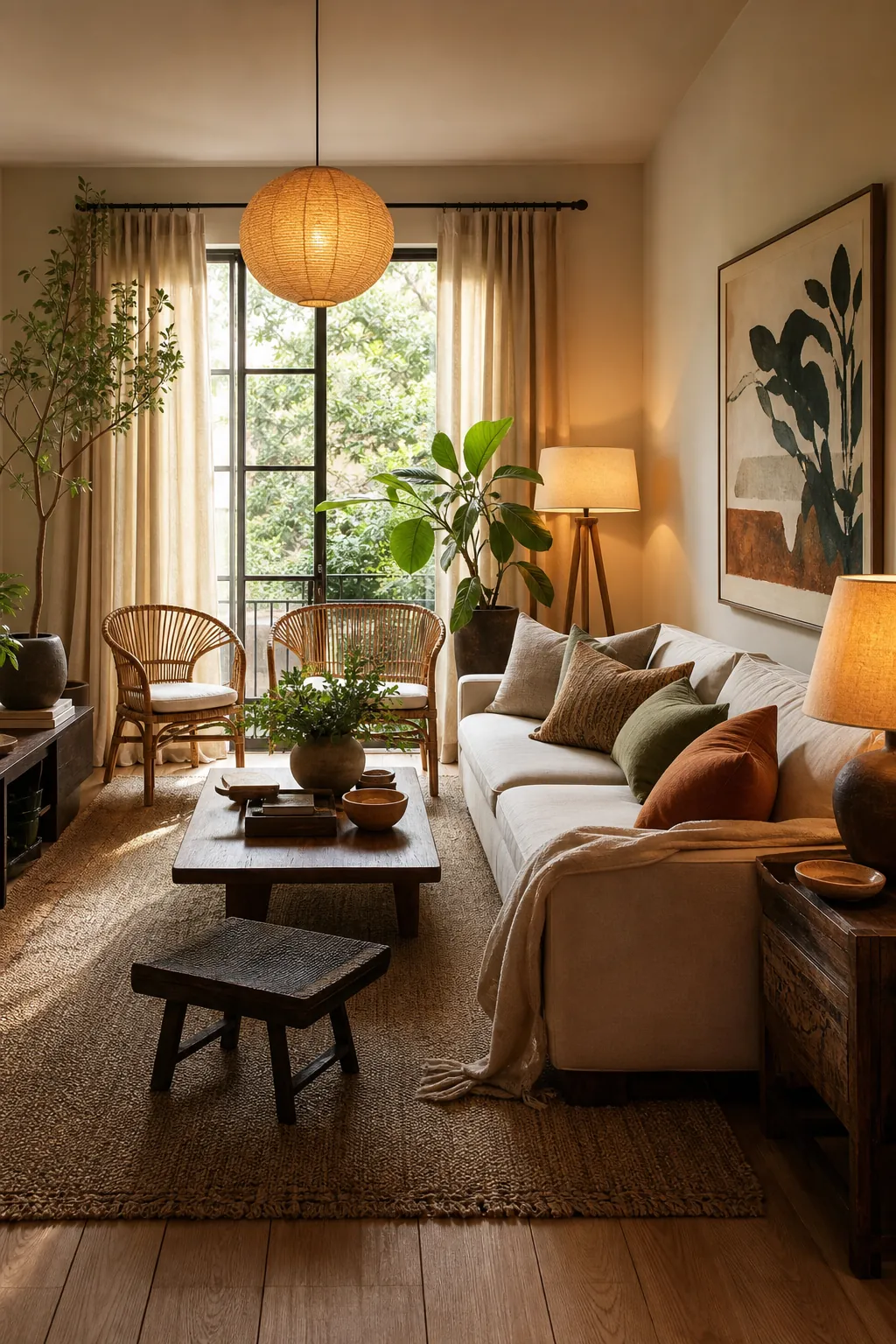 Layered living room with rug, lighting, textiles, art, plants, and bamboo accents