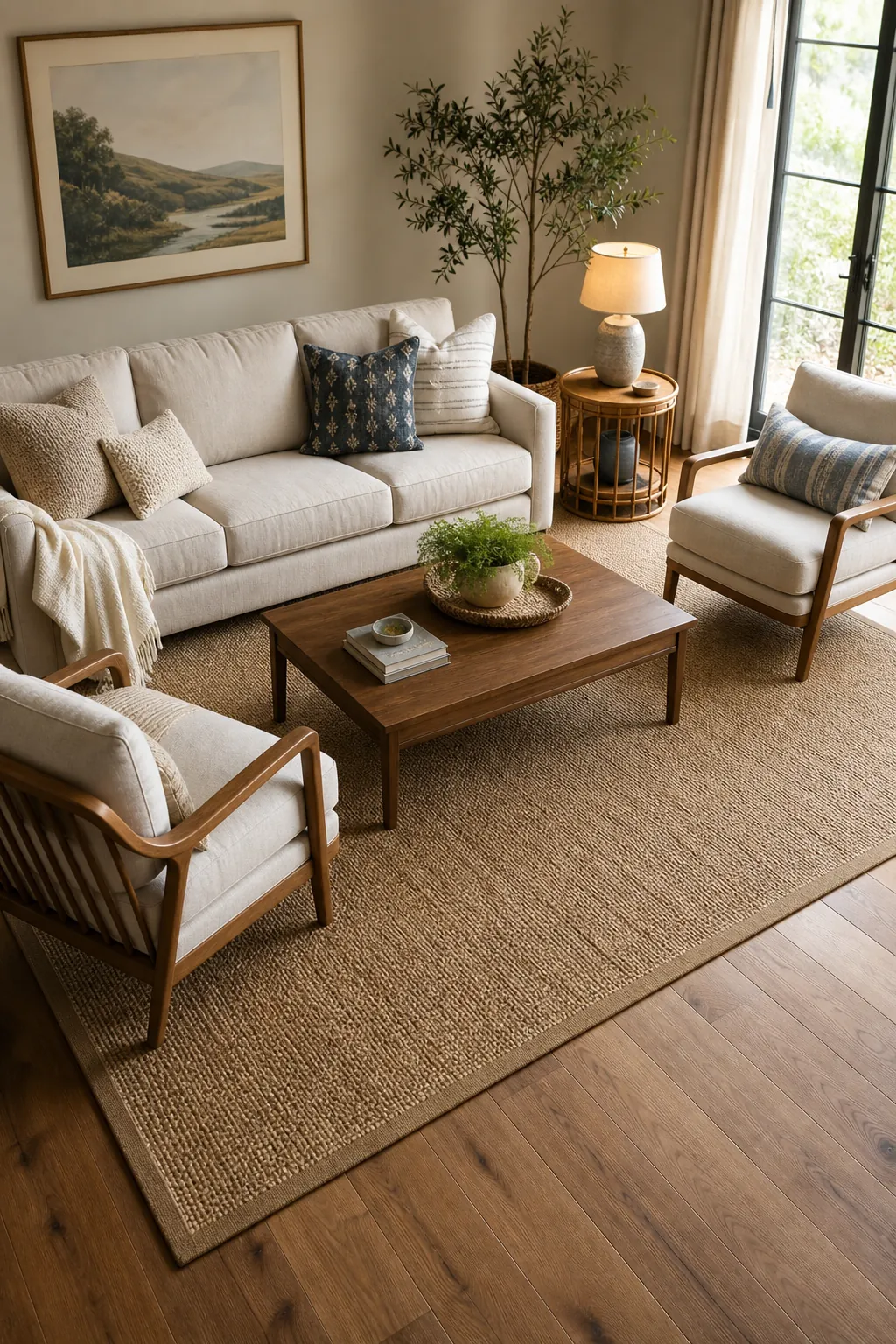 Living room seating area anchored by a correctly sized natural fiber rug