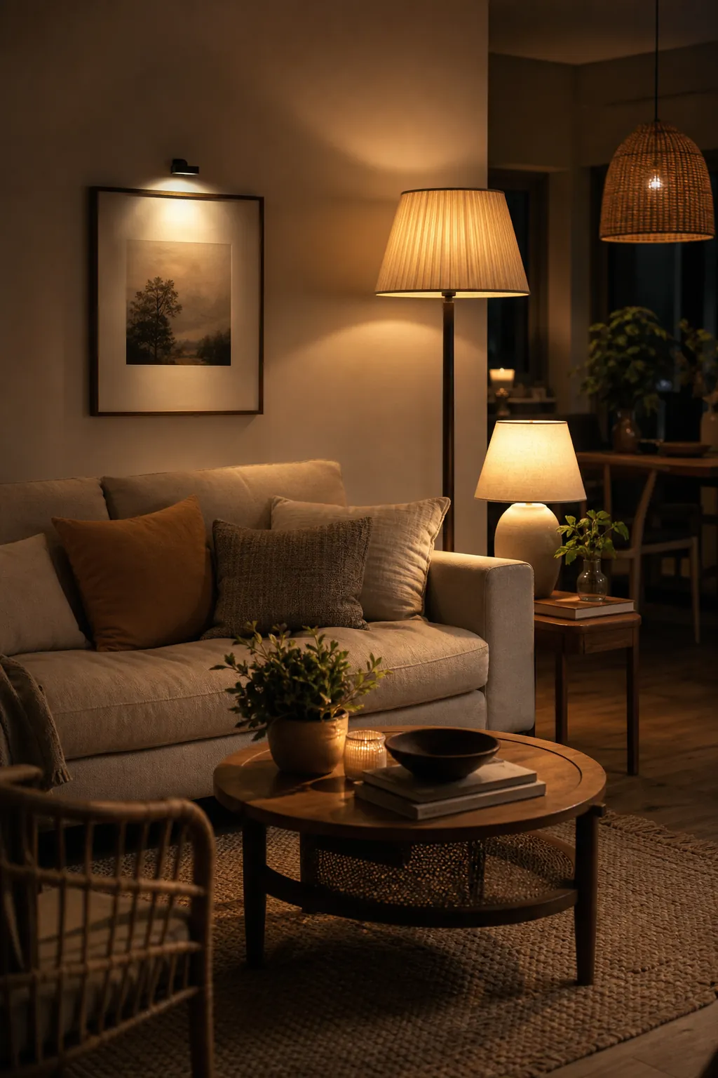 Living room with layered ambient task and accent lighting