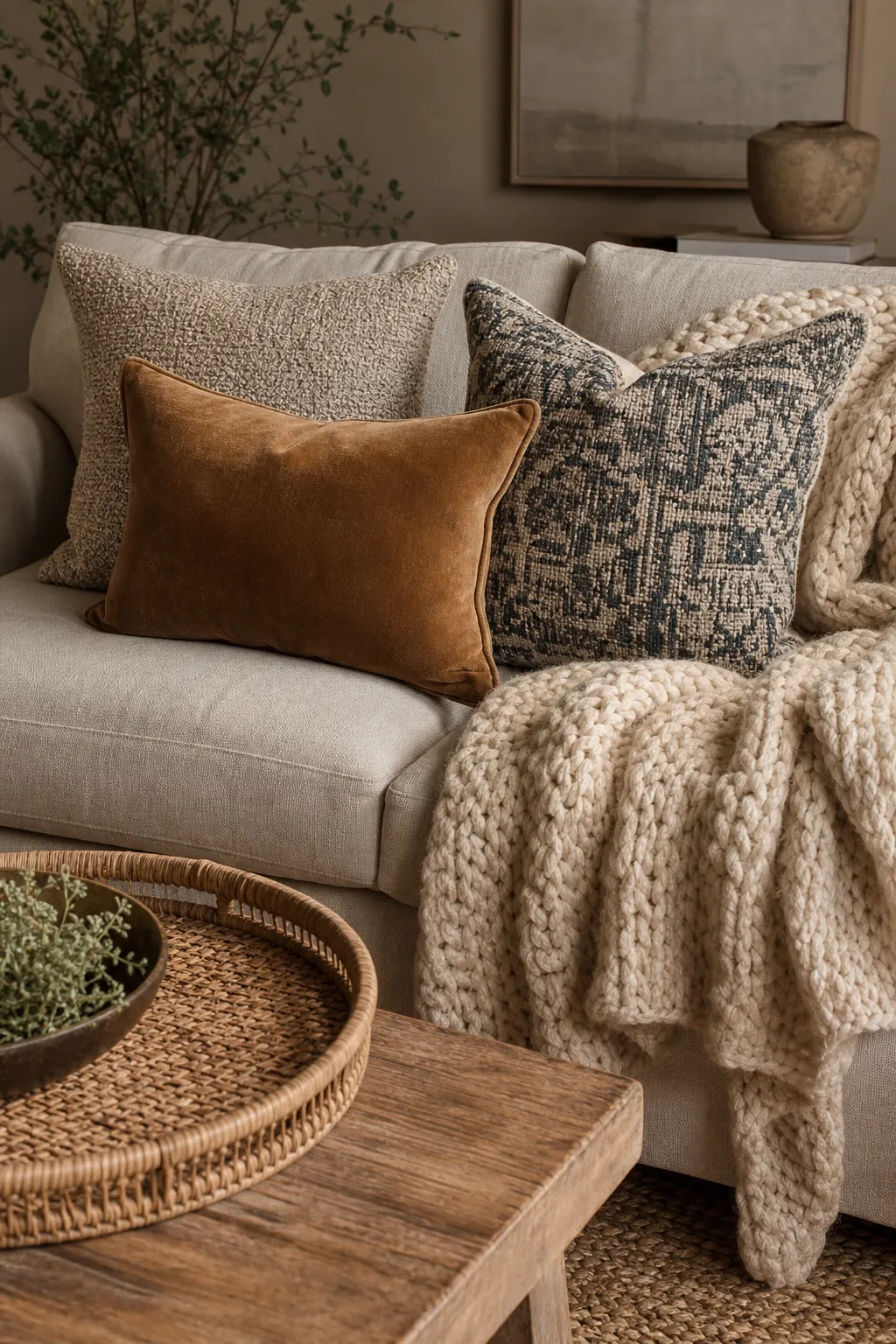 Linen sofa styled with layered pillows throws and natural textures