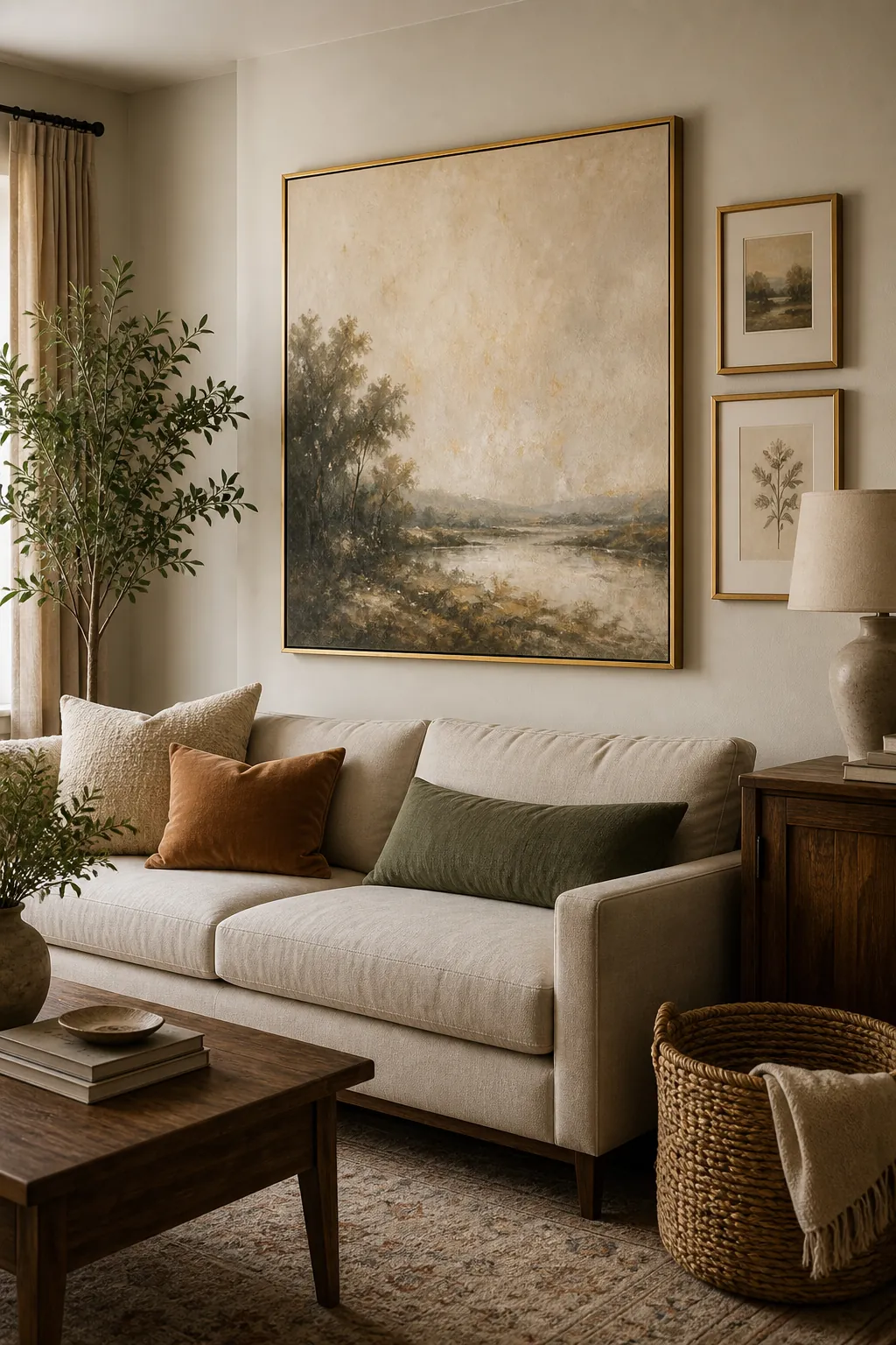 Large framed art correctly scaled above a living room sofa