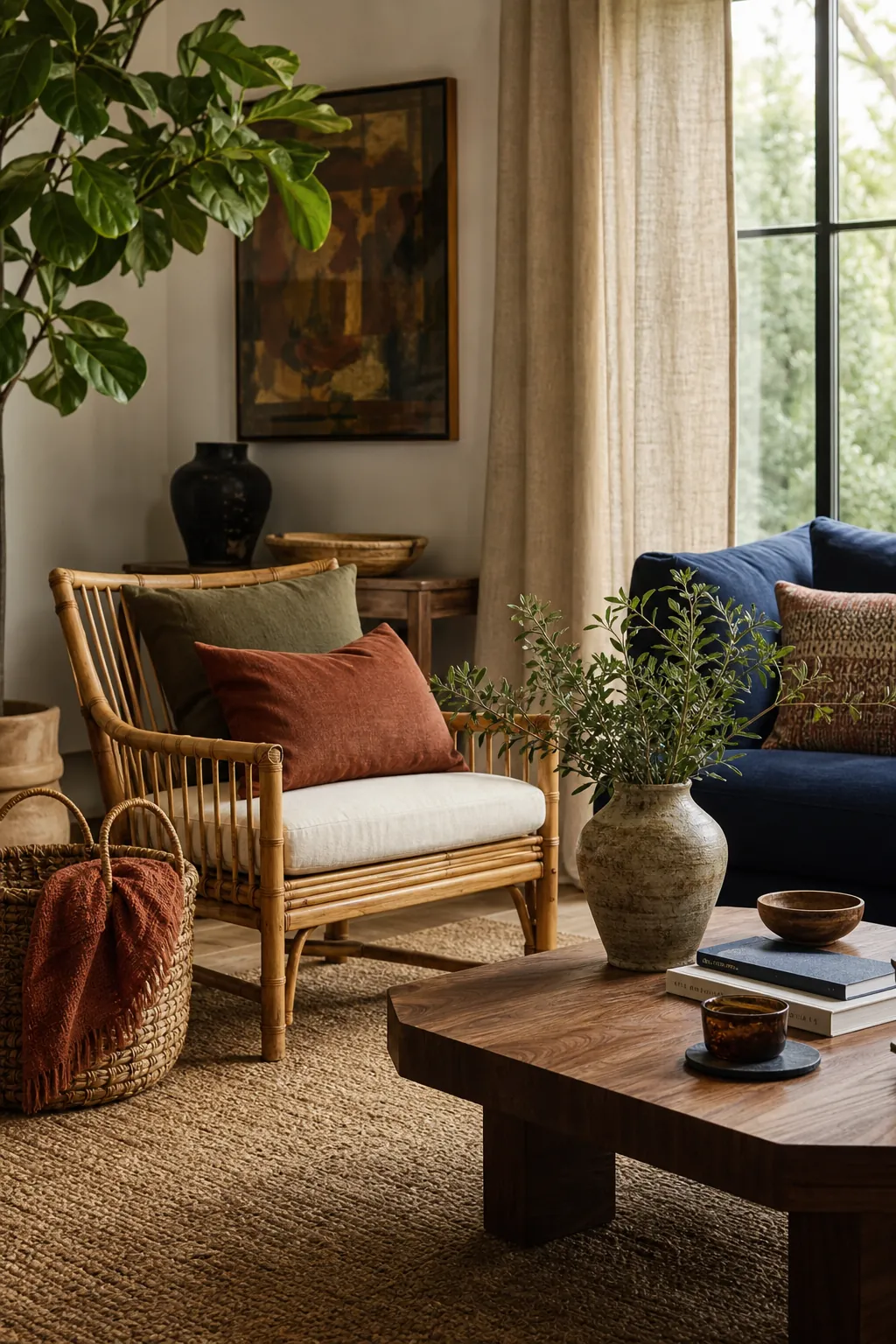 Living room corner layered with bamboo rattan jute linen wood ceramic and color