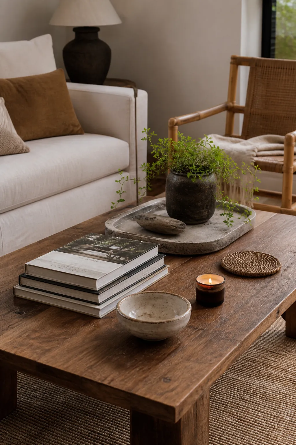 Coffee table styled with books ceramics candle plant tray and woven coasters