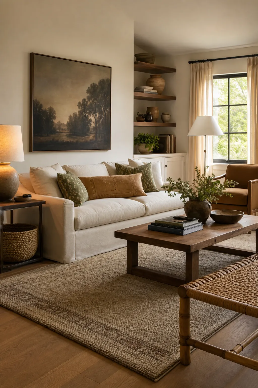 Finished layered living room with open walkways rug curtains lamps greenery and art