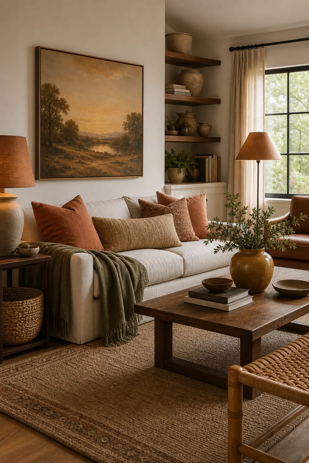 Neutral living room updated with warm earth tone pillows throw vase and art