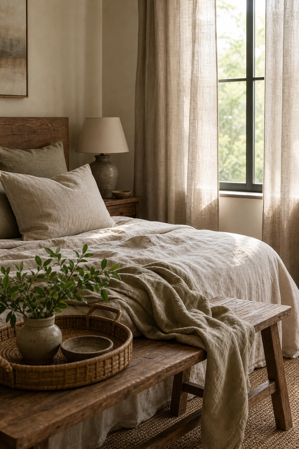 Washed linen curtains bedding pillows and bamboo tray as a soft decor update