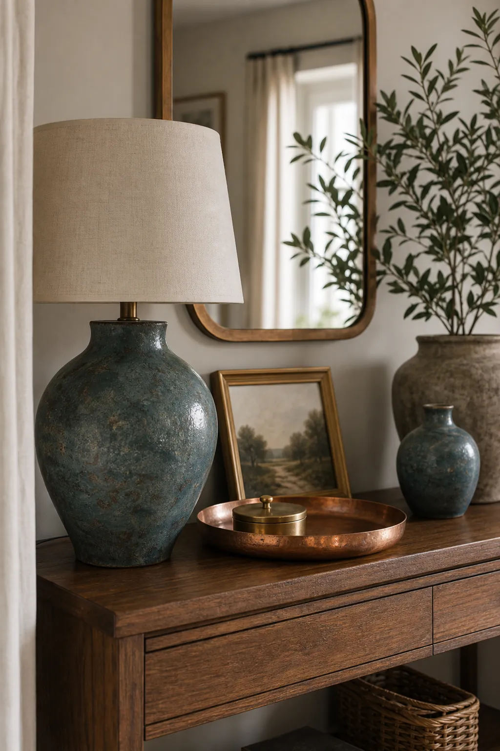 Patina blue ceramic and warm metal accents on a wood console