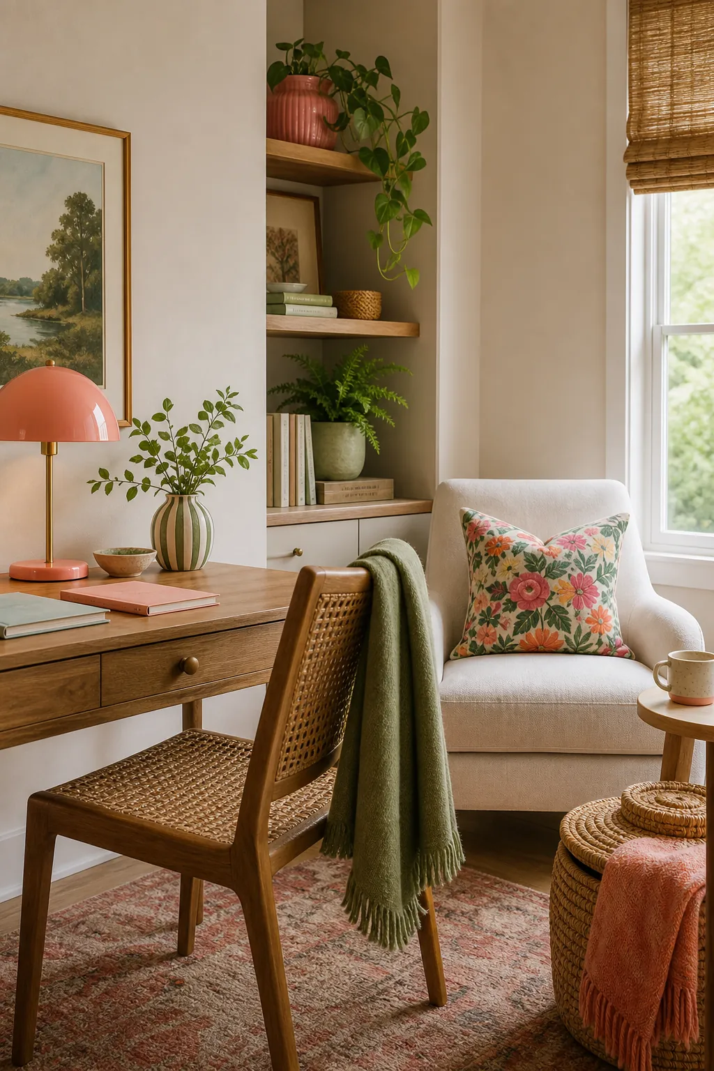 Neutral reading nook with playful color lamp cushion and bamboo storage