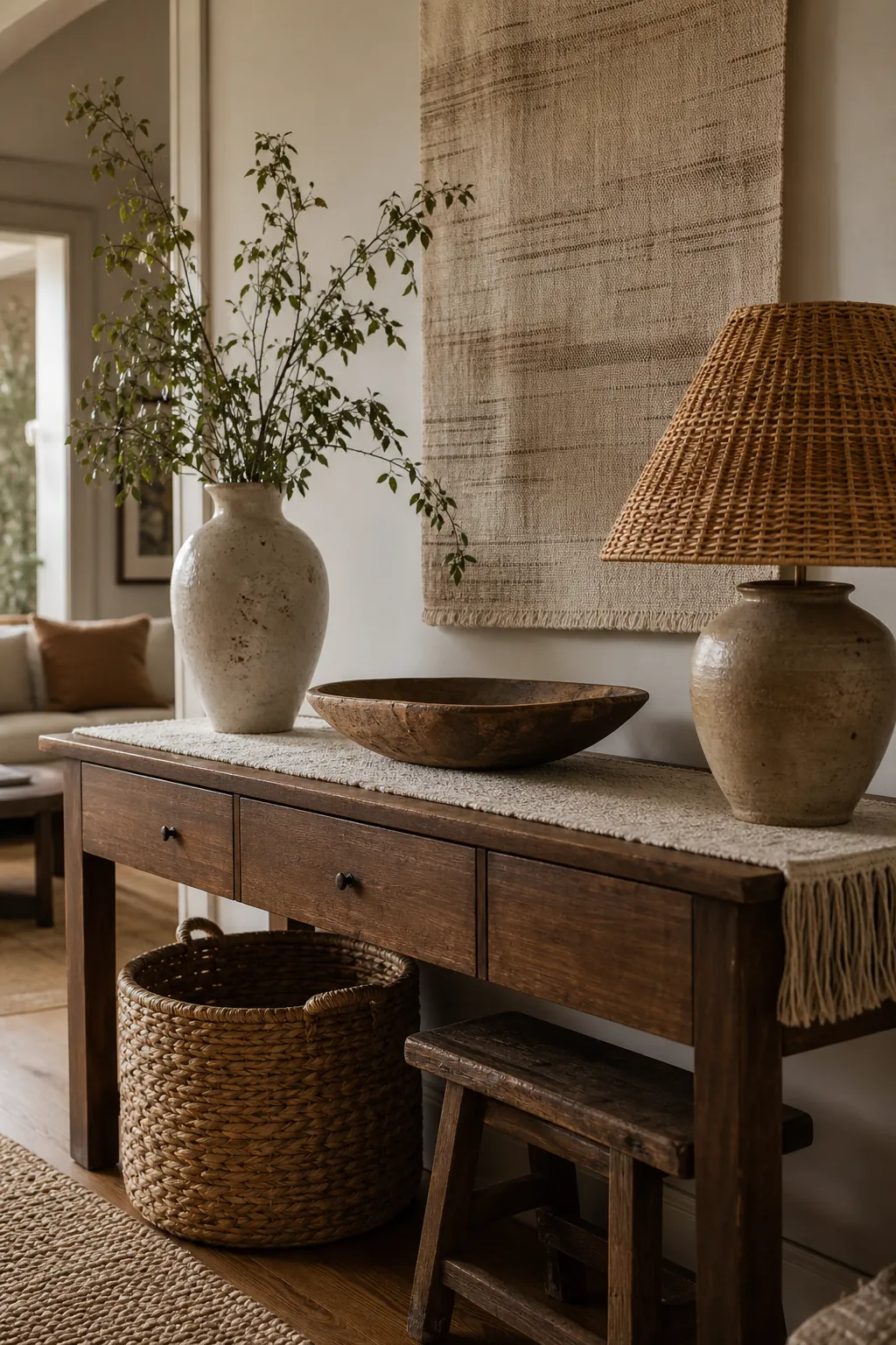 Entryway console layered with bamboo basket rattan lamp ceramic vase and wool runner