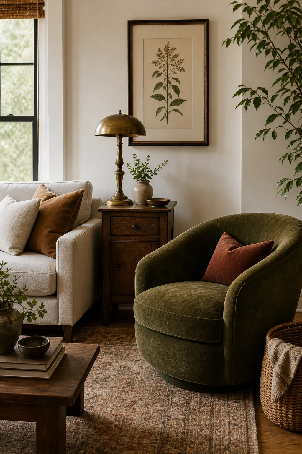 Living room corner with one vintage accent chair brass lamp and bamboo basket