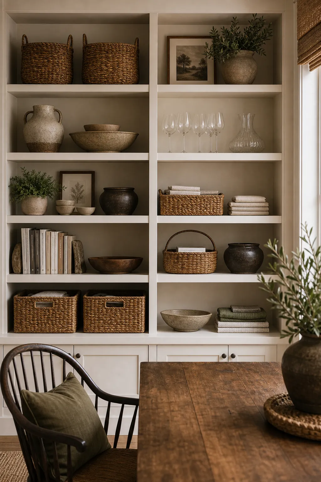Beautiful open shelves with bamboo baskets ceramics glassware linens and negative space