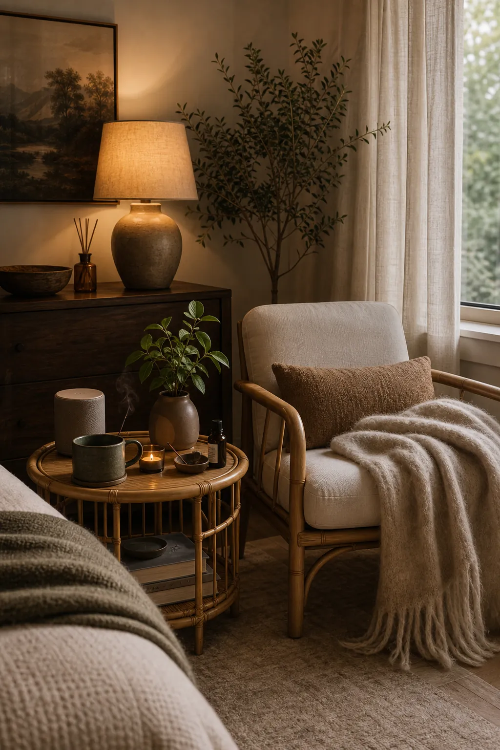 Restorative home corner with dimmable lamp linen curtains plant tea tray and bamboo table