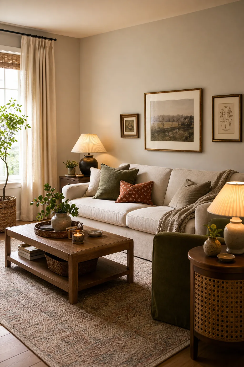 Polished living room with high curtains, layered lamps, large rug, natural wood, and bamboo decor accents