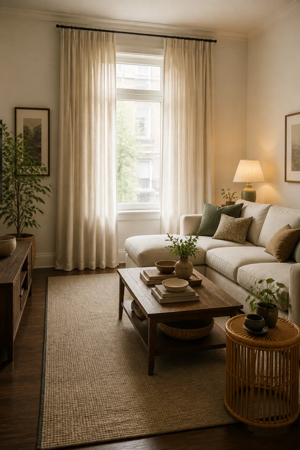 Small living room with high-hung floor length curtains and a large rug under the sofa