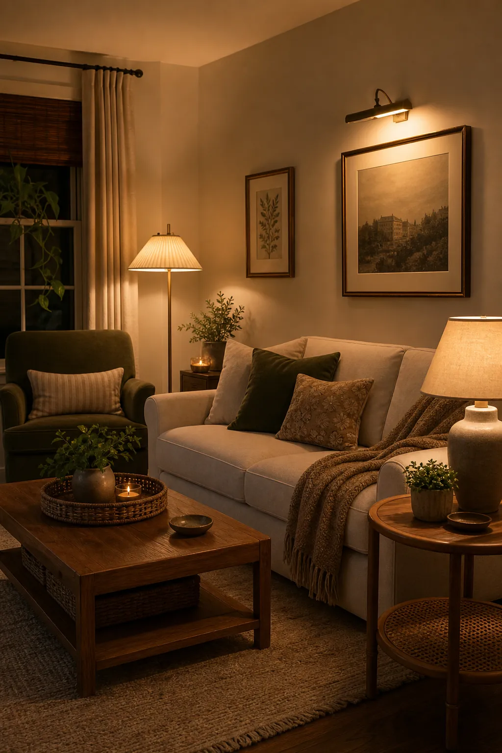 Cozy living room with table lamp, floor lamp, picture light, and overhead lights turned off
