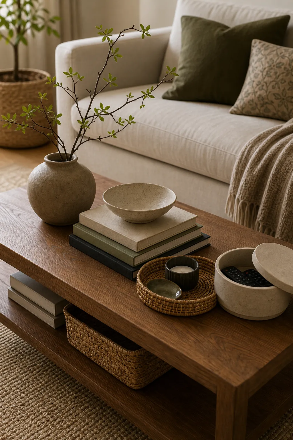 Edited coffee table vignette with ceramic bowl, bamboo tray, books, and a single branch arrangement