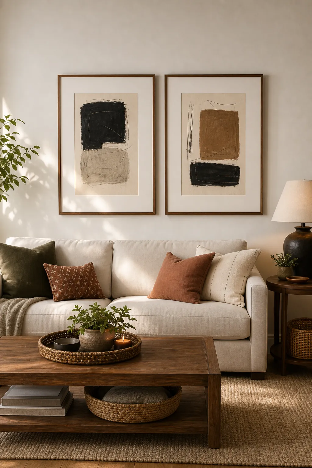 Sofa wall styled with two large matted framed art prints above a linen sofa