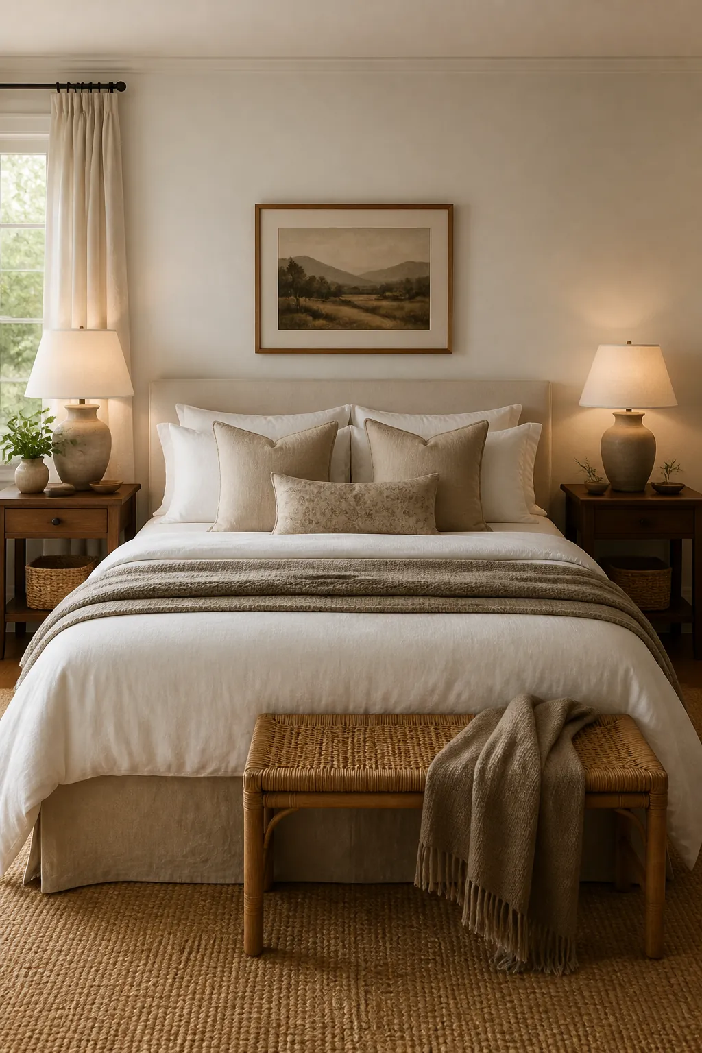 Calm bedroom with layered bedding, matching lamps, woven bamboo hamper, and uncluttered nightstands
