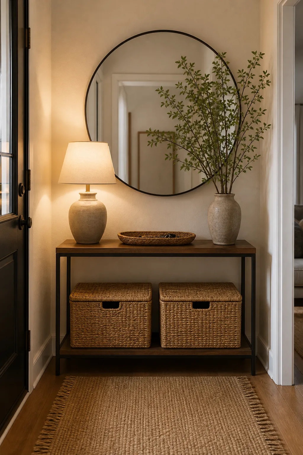 Compact entryway with large mirror, slim console, concealed baskets, ceramic lamp, and bamboo key tray