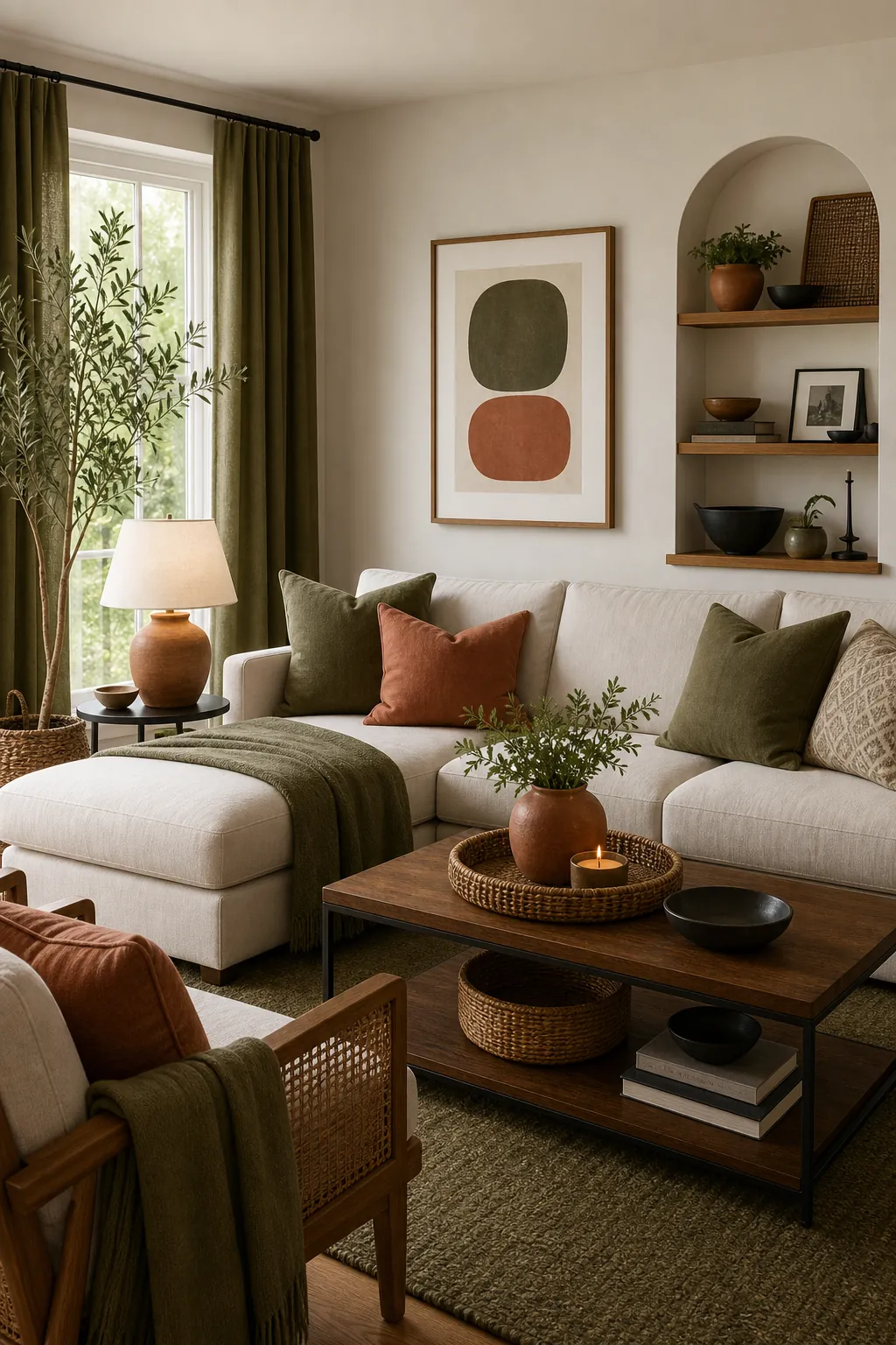 Pulled-together living room with warm white base, muted olive textiles, terracotta accents, bamboo, and natural wood