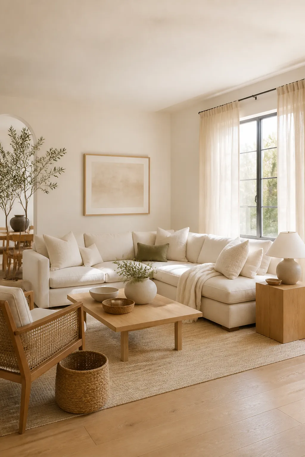 Bright living room using warm white, ivory, oatmeal, and pale oak as the dominant base palette