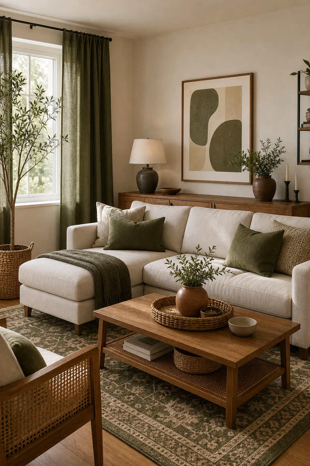 Living room with muted olive repeated in curtains, rug, pillows, and abstract art